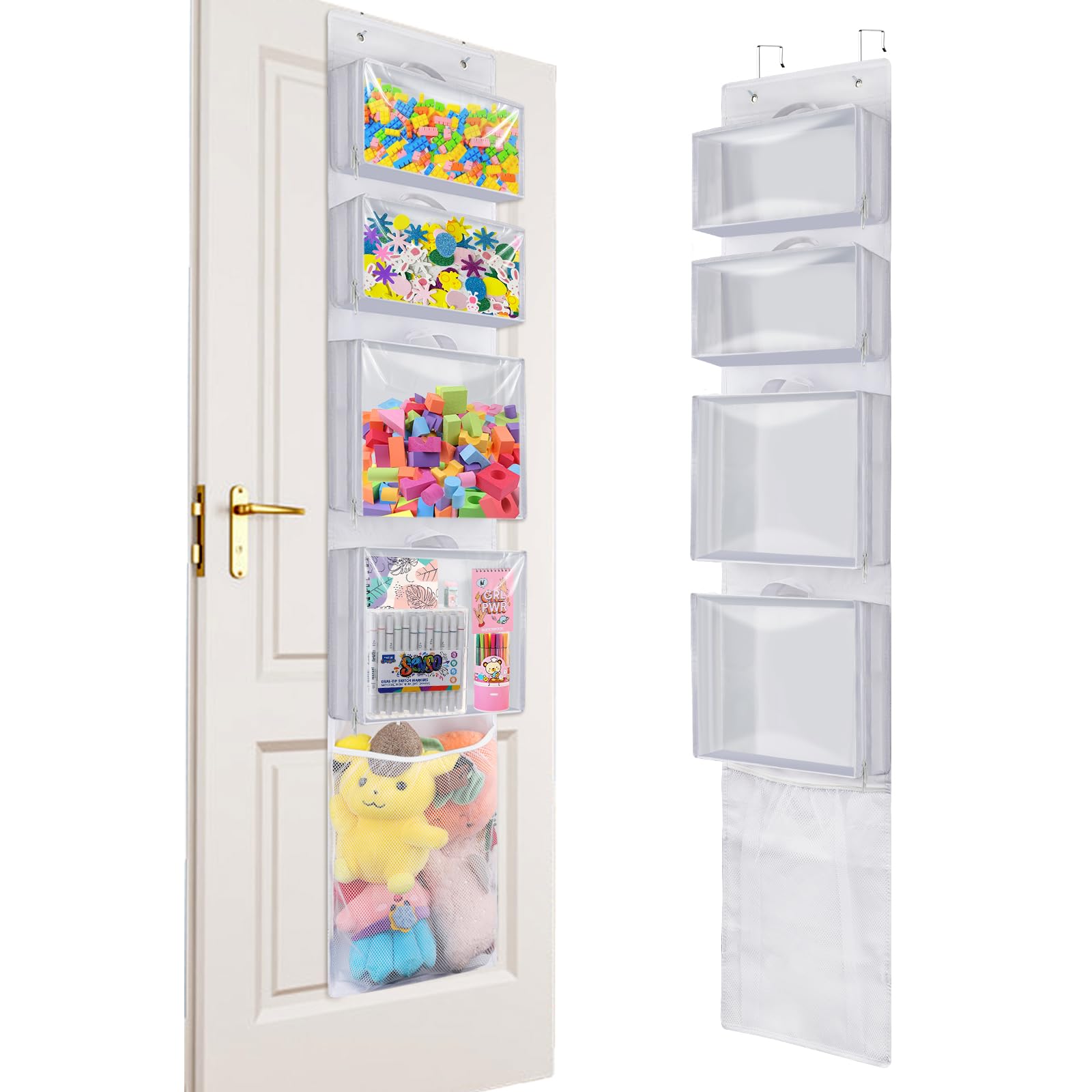 Woodoulogy Over Door Organizer and Storage, Hanging Container Holder with 4 Removable Clear Bins, Closet Cabinet Room Wall Stuffed Animal Bag Case for Bathroom, Bedroom and Pantry