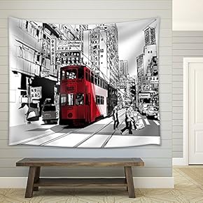 Street in Hong Kong - Vector Illustration - Fabric Wall Tapestry Home Decor - 51x60 inches