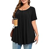 MONNURO Womens Summer Tops Plus Size Tops Short Sleeve Pleated Shirts Swing Blouse Tunic Tops for Curvy Women