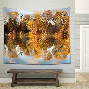 Autumn Forest Reflected in The Lake at Sunset - Fabric Wall Tapestry Home Decor - 51x60 inches
