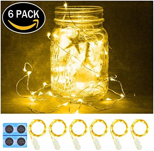 6 Pack,7Feet 20 LED Starry String Lights,Silver Wire,2pcs CR2032 Batteries Included, Firefly Fairy Lights LED Moon Lights for DIY Dinner Party,Table Decoration,Wedding Centerpiece(Warm White)