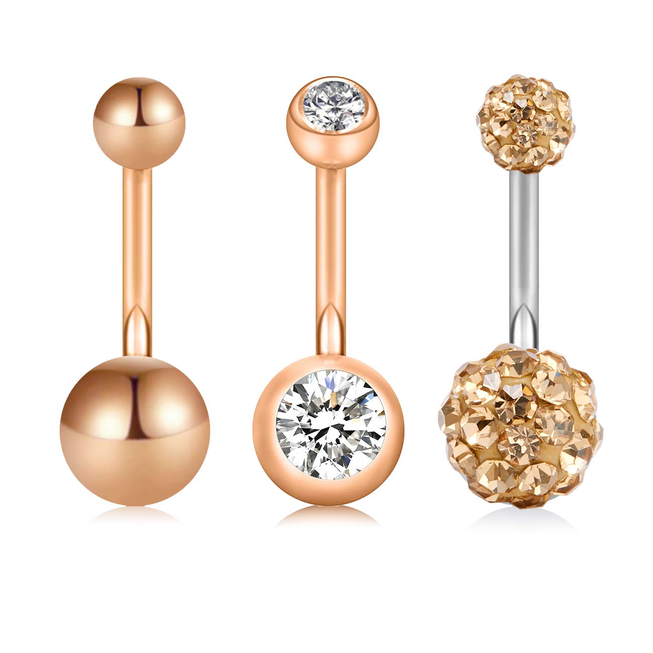 VFUN 14G Belly Button Bars 10MM Crystal CZ Stainless Steel Belly Button Rings Navel Belly Bar Piercing for Women- Rose Gold