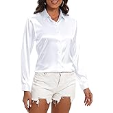 COUXILY Womens Satin Button Down Shirt Business Casual Long Sleeve Silk Blouse Collared Curved Hem Slim Fit Office Work Tops