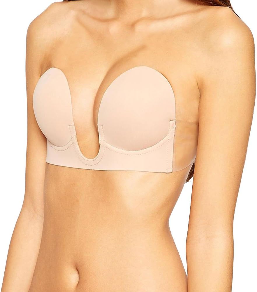 Hioffer Strapless Push Up Bra U Plunge Self Adhesive Reusable Bra for Women