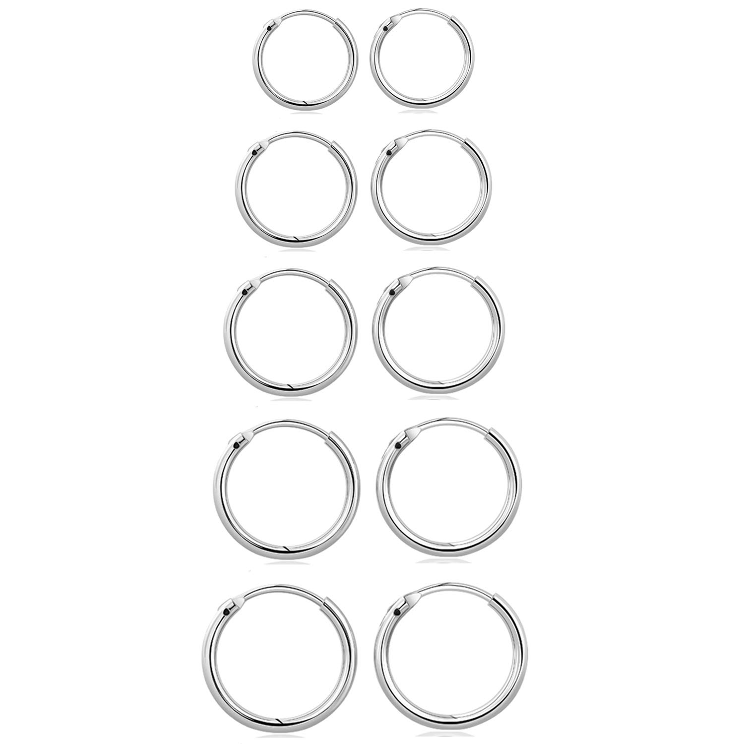 Elicola Set of 5 Pairs of Hoops Earrings in 925 Sterling for Women Men Small Round Mini Sleeper Cartilage Earrings Hypoallergenic 10/12/14/16/18mm