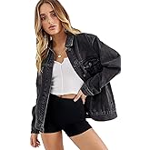 Cantonwalker Women's Oversize Vintage Washed Boyfriend Denim Jacket Long Sleeve Classic Loose Jean Trucker Jacket 003