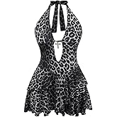 SOLY HUX Women's Plus Size Leopard Print Halter Dress Y2k Gothic Deep V Cheetah Tie Backless Layered Ruffle Mini Dresses