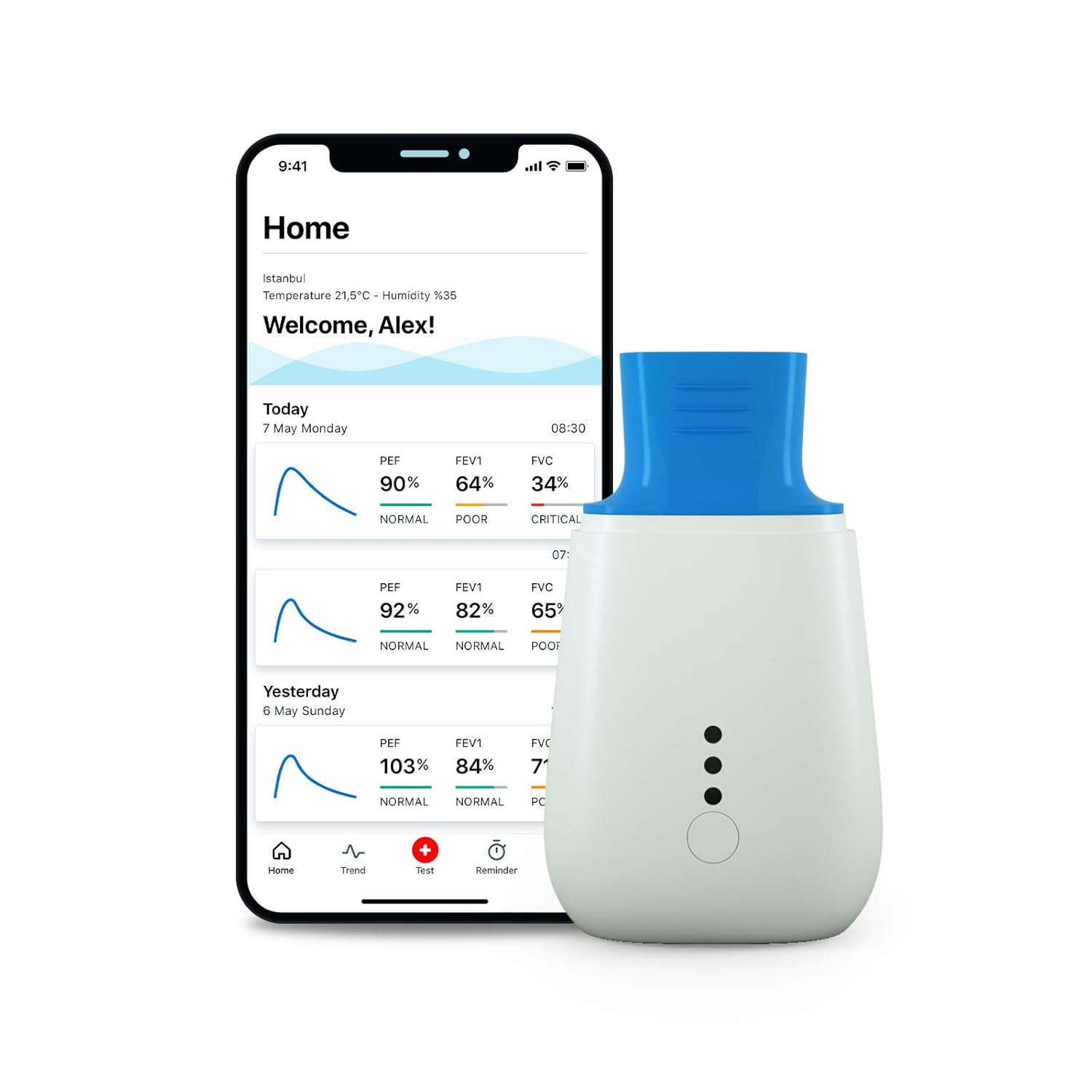 Spirohome Personal Spirometer Smart & Portable FVC, Peak Flow (PEF