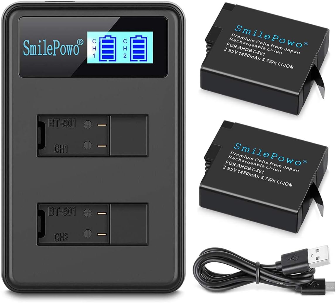 SmilePowo 2 Rechargeable Battery Dual LCD Battery Charger 1480mAh for GoPro Hero 5/6/7 Black, GoPro Hero 2018, GoPro Ahdbt-501 AABAT-001, GoPro 601-10197-000 (Compatible with Original Camera) : Camera & Photo