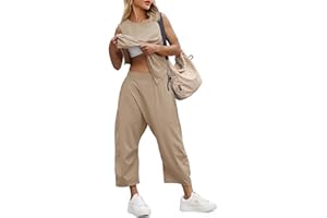 Fisoew Women's Summer 2 Piece Outfits Sleeveless Tank Tops and Wide Leg Pocketed Pants Workout Sweat Sets