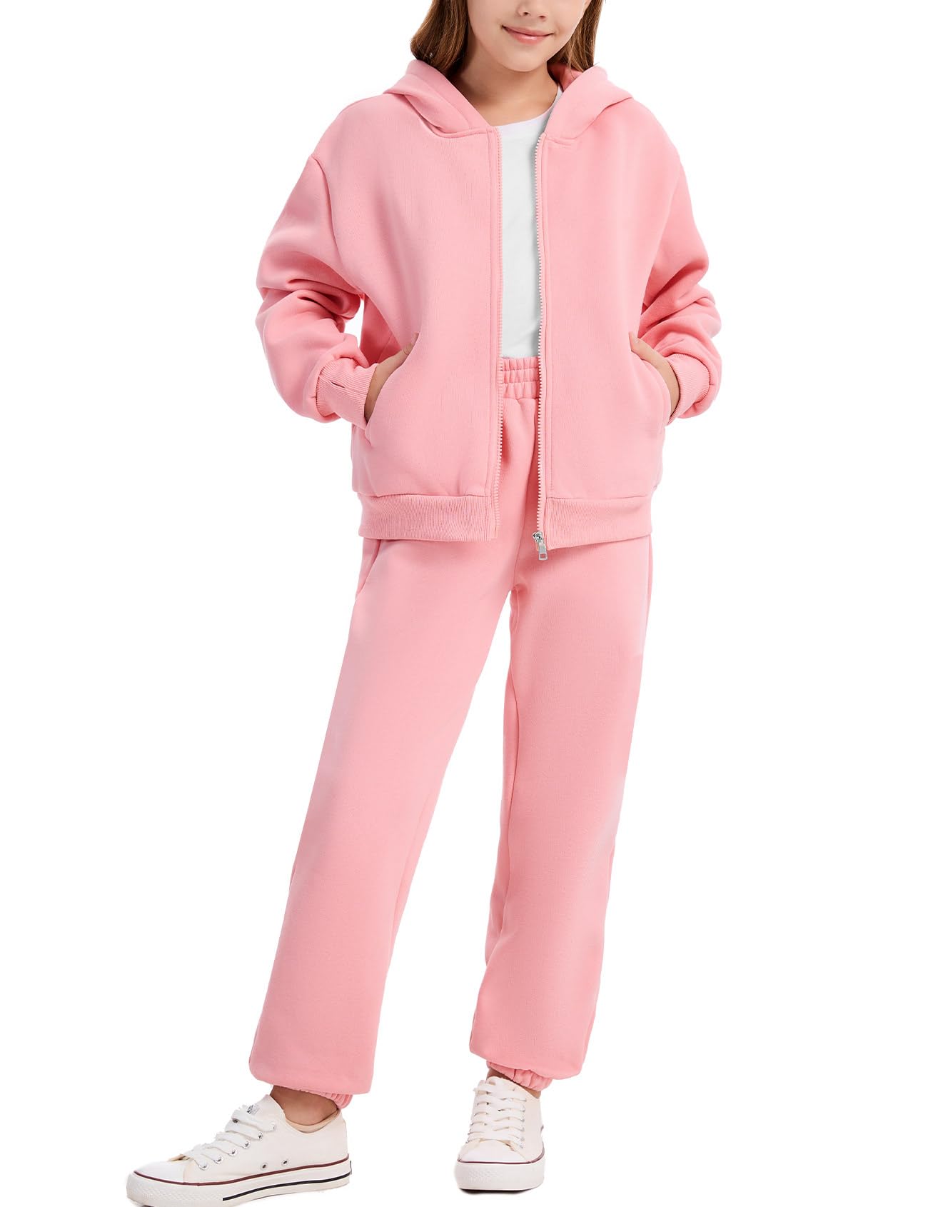 Photo 1 of Flygo Girls Boys Fleece Sweatsuit 2 Piece Jogger Sets Zip Up Hooded Sweatshirts and Sweatpants with Pockets(Pink-XS)