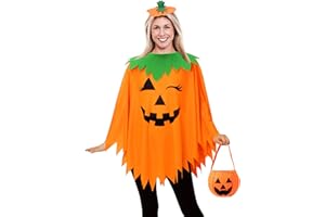 WISHTEN 3PCS Halloween Pumpkin Costume for Women,Pumpkin Poncho for Adults with Headband & Bag,Halloween Costume for Women