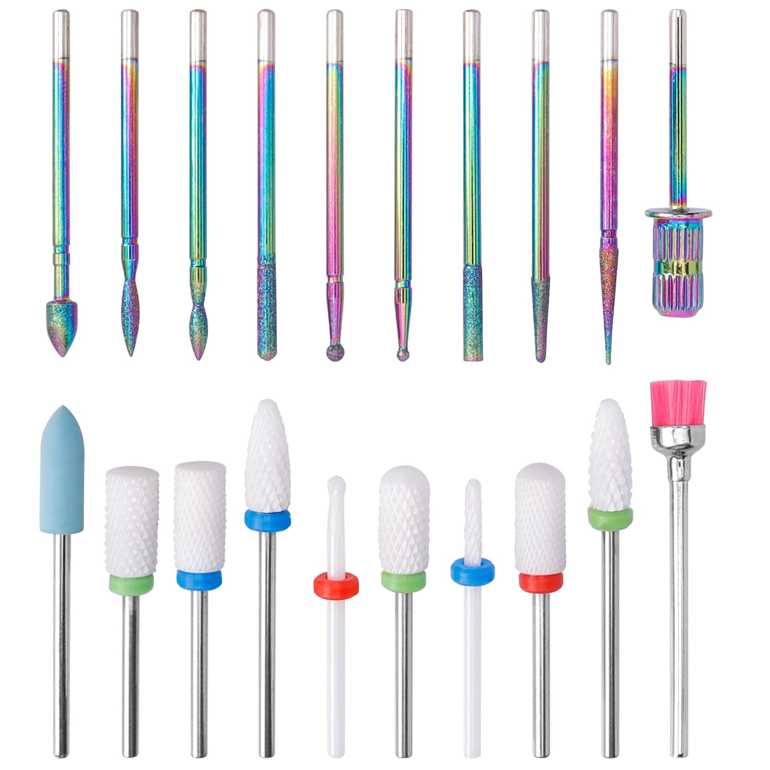 Treki Cuticle Nail Drill Bits Set, 20Pcs Tungsten Ceramic Nail Drill Bits with 1Pc Nail Mandrel Bit 3/32 Diamond Cuticle File Bits Carbide Remover Drill Bits for Home Salon Manicure Pedicure