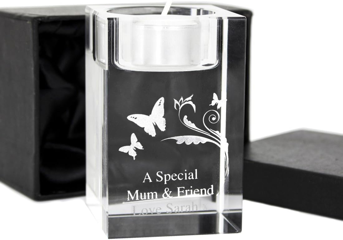 Personalised Butterfly Swirl Glass Tea Light Candle Holder - Presented In A Black Gift Box