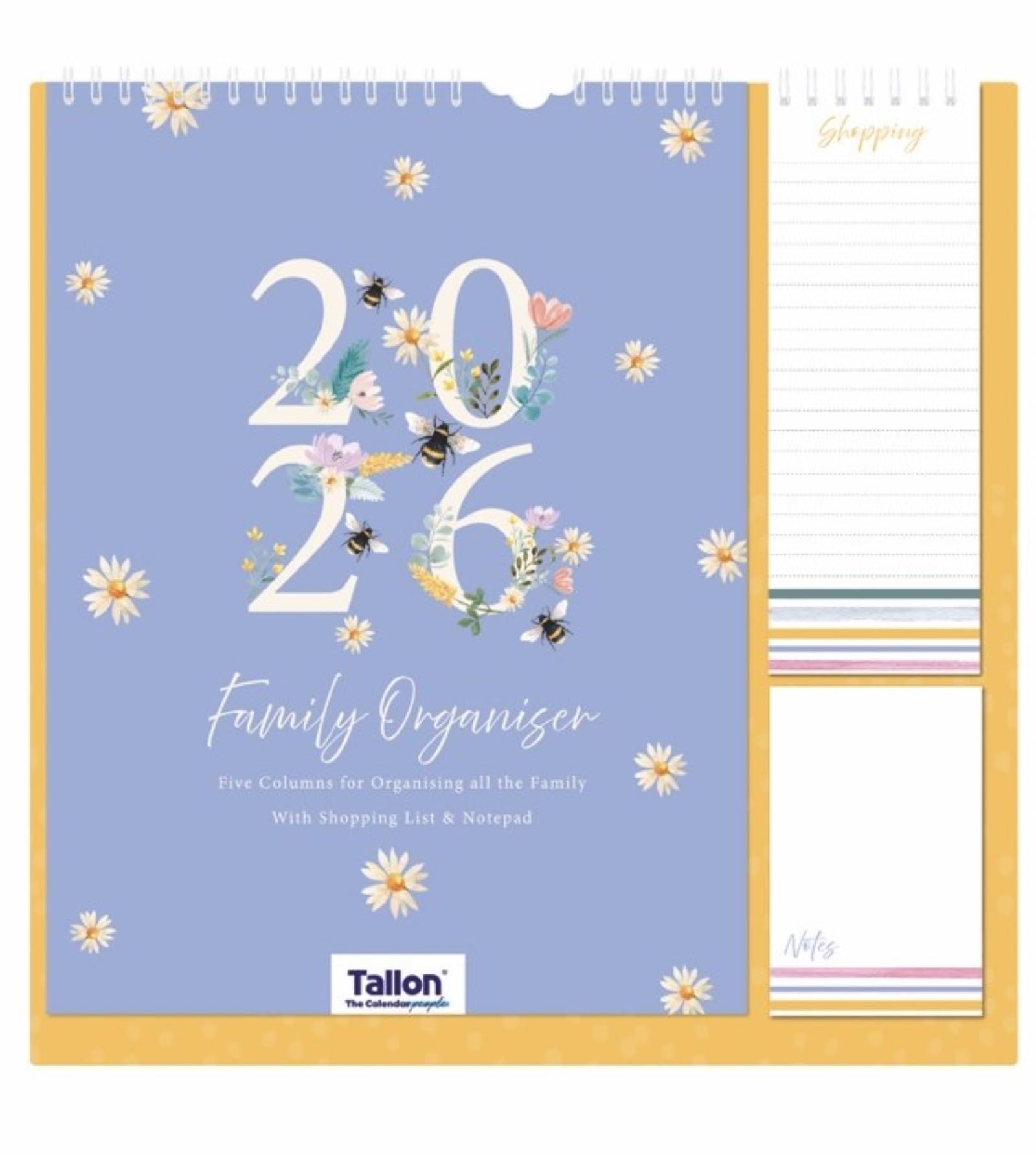 2026 Family Organiser Calendar 5 Column Memo Pad & Shopping List - Bees and Daisies