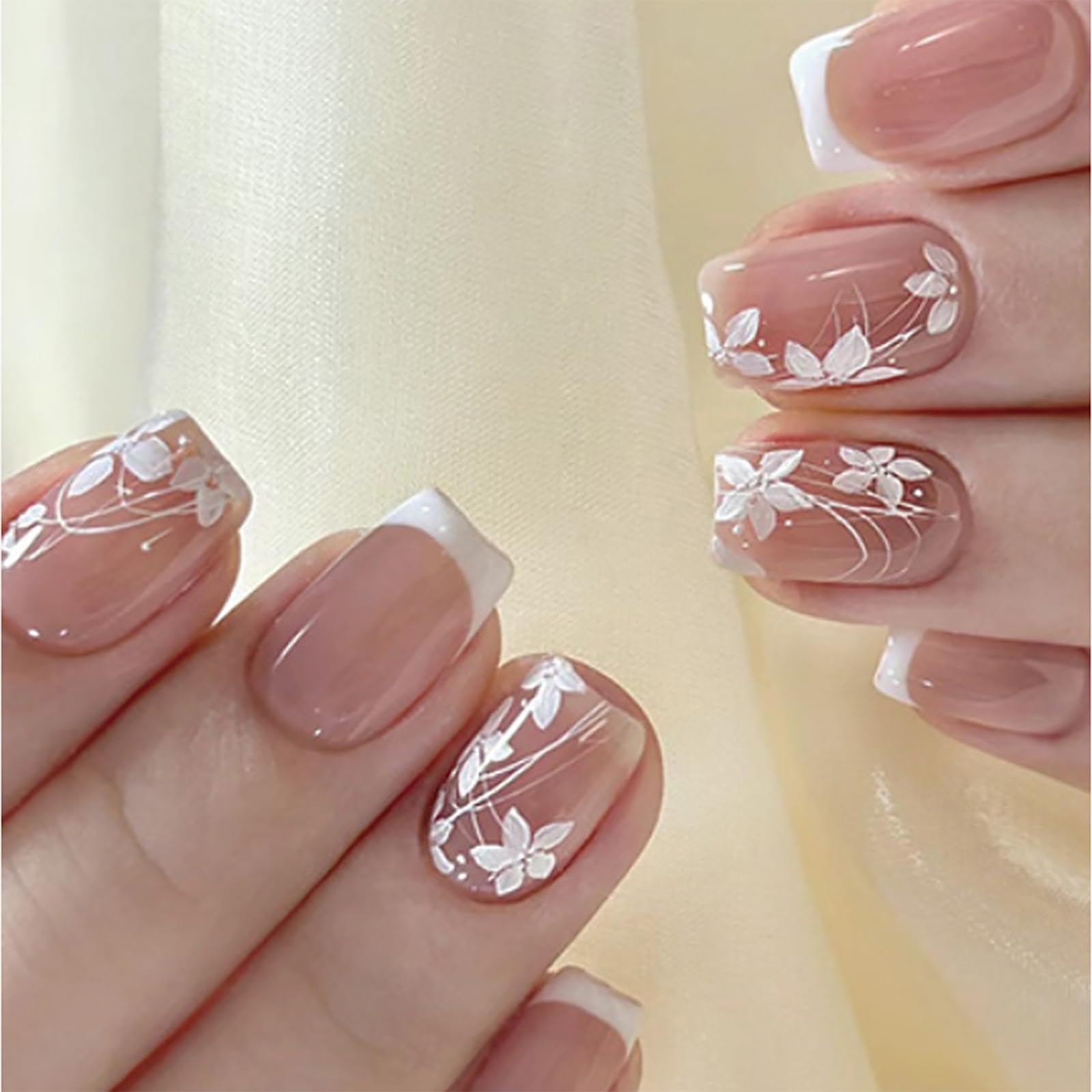 French Tip Press on Nails Short Square Flowers Fake Nails with Designs White French Tip Flowers Acrylic Nails Supply Glossy Artificial Nails Glue on Nails for Women Girls DIY Manicure 24 pcs