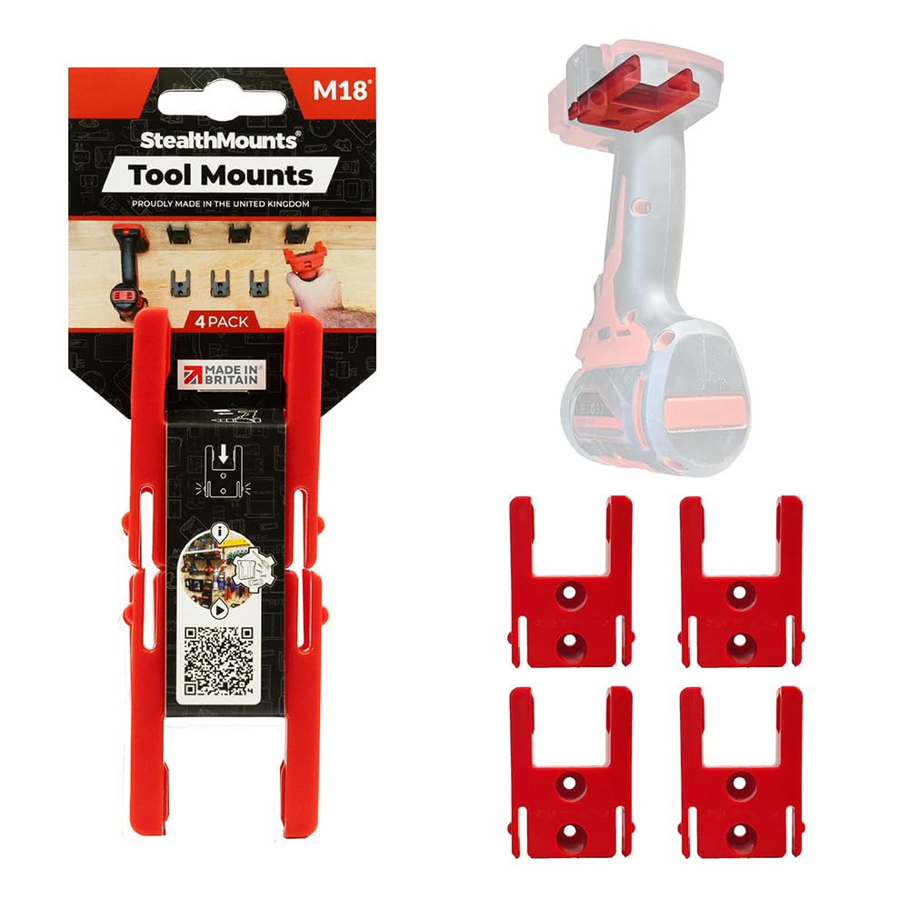 StealthMounts Red Tool Mounts Compatible with M18 – 4 Pack Wall Holders for Power Tool Storage & Organisation | Made in The UK