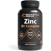 Natural Flow Zinc 3X Complex, 15 mg, 120 Capsules | 3 Chelated Forms (Bisglycinate, Carnosine, Orotate) with Copper &amp; Vitamin C &mdash; Gentle on Stomach, Immune &amp; Skin