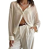 Women’s Sheer Button Up Shirt Y2K Long Sleeve Lapel V Neck Mesh Top Vintage See Through Basic Blouse Streetwear