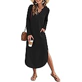MISFAY Fall Dresses for Women 2026 Casual V Neck Long Sleeve Split Maxi Dress Loose Shirt Dress Solid Outfits with Pockets