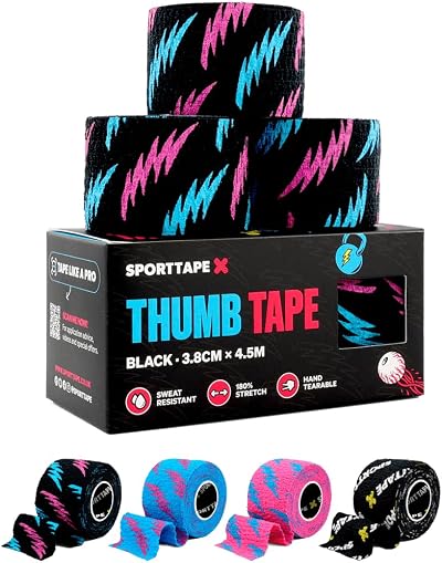 SPORTTAPE 3 Rolls Weightlifting Thumb Tape Punk 3.8cm x 4.5m