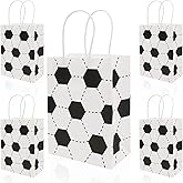 Rarapop 12 Pack White Kraft Paper Soccer Party Favor Gift Bags with Handle, Football Print Sport Present Goodie Treat Candy Snack Bag for Birthday Party Decorations