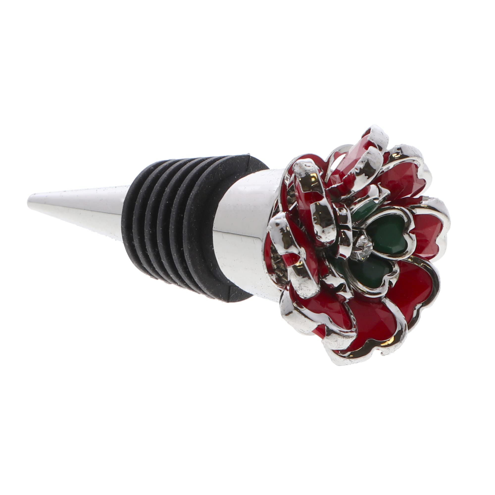 Holiday Wine Stopper Decorative with Colored Gem Flower Accessory Top - Red