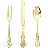 Joyido 90 Pieces Gold Plastic Silverware - Heavy Duty Gold Disposable Utensils - Fancy Plastic Cutlery Set Includes 30 Forks, 30 Spoons, 30 Knives for Dinner Parties Weddings