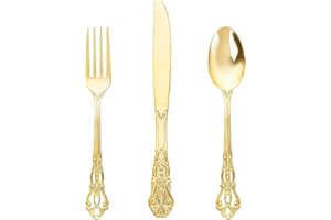 Joyido 90 Pieces Gold Plastic Silverware - Heavy Duty Gold Disposable Utensils - Fancy Plastic Cutlery Set Includes 30 Forks, 30 Spoons, 30 Knives for Dinner Parties Weddings