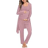 SWOMOG Women Maternity Nursing Pajamas Sets 3 Piece Breastfeeding Robe 3 in 1 Labor Delivery Sleeveless Pregnancy Pjs & Pants