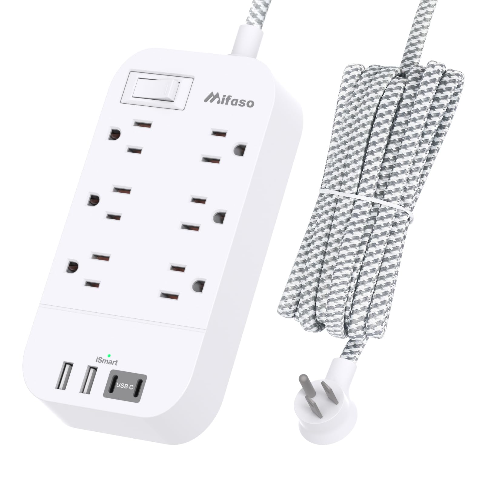 Power Strip - 10 FT Long Flat Plug Extension Cord, 6 Outlets 2 USB A 2 USB C Ports Outlet Extender with Overload Protection, Wall Mount, Desktop Charging Station for Home, Office and Dorm Essential