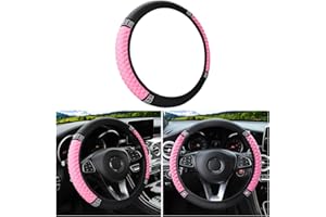 FEKEY&JF Bling Soft Leather Steering Wheel Cover, 15 Inch Colorful Rhinestones Auto Elastic Steering Wheel Protector, Sparkly Crystal Diamond for Women Girls, Car Interior Accessories for Most Cars (Pink)