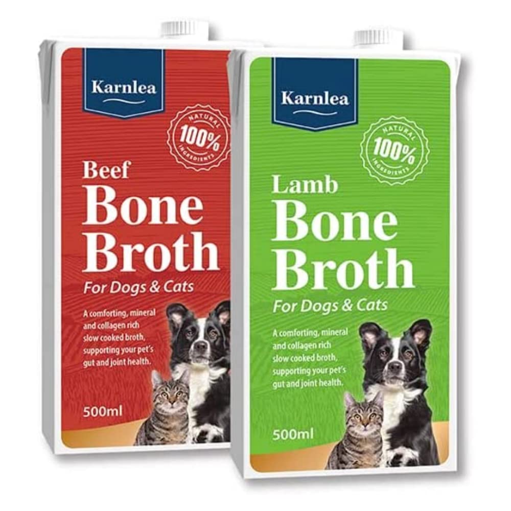 Karnlea Pets Real Bone Broth - 1x Beef, 1x Lamb | 100% Real & Natural Bone Broth for Cats & Dogs | High in Collagen & Protein for Healthy Joints, Gut, Digestion & Sickness Recovery | Up to 20 Servings