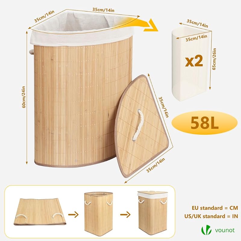 ® Cesto Portabiancheria Angolare in Bambù 58L, Cesto Pieghevole per Panni Sporchi con Coperchio, Manici e 2 Borse Rimovibili, per Bagno, Lavanderia e Camera da Letto, Naturale