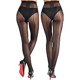 MERYLURE Backseam T-Crotch Black Tights for Women, 20D Sheer To Waist Pantyhose Patterned Cuban Heel Stockings 2 Pairs