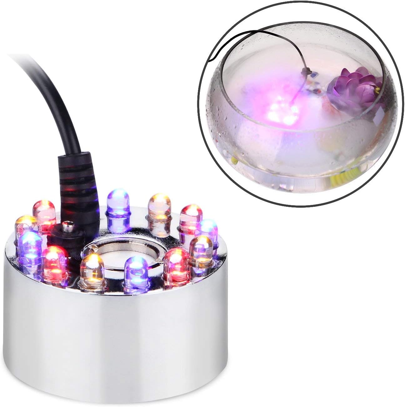 Fountain Accessories - AGPtEK Aluminum Mist Maker Water Fountain Pond Fogger Air Humidifier Atomizer Mini Fog Machine with 12 Color Changing LED Lights