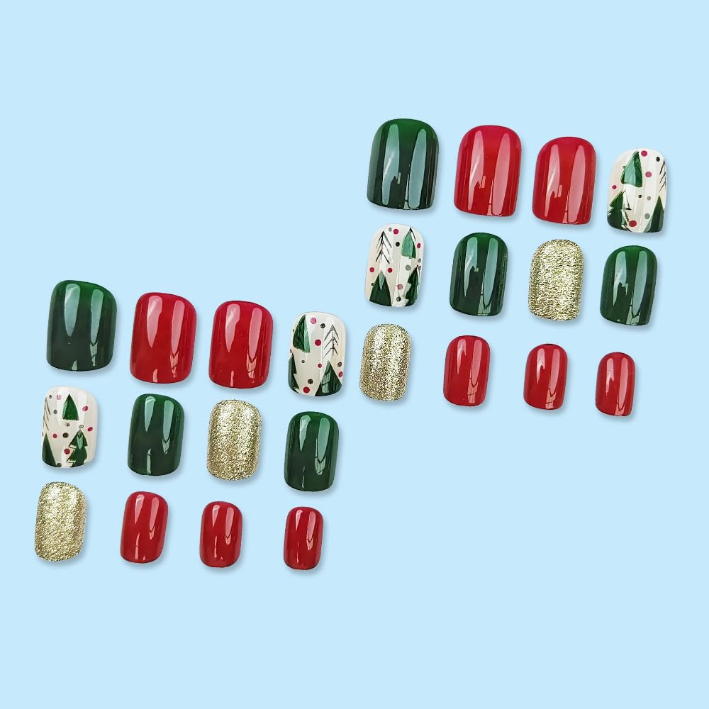 Christmas Press on Nails Short Square False Nails Red Green Fake Nails with Christmas Tree Design Glitter Artificial Nails Acrylic Glue on Nails Short Acrylic Nails Christmas Stick on Nails for Women - Image 3