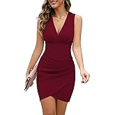 ihot Women's Sexy V Neck Sleeveless Faux Wrap Ruched Bodycon Casual Cocktail Party Dress