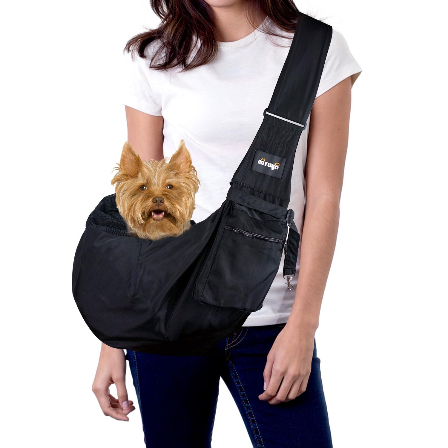 NATUYA Pet Sling Carrier Small Dog Slings Cat Carrier Bag Adjustable Strap Hands-free Sling Pet Dog Cat Carrier Bag with Front Zipper Pocket Safety Belt for Outdoor Traveling Subway (Black Waterproof)