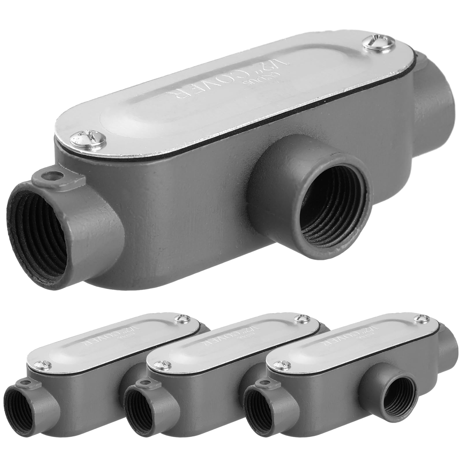 Photo 1 of Tandefio 4 Pcs 1/2 Inch Threaded T Type Conduit Body, Stamped Steel Cover, Die Cast Aluminum Junction Box