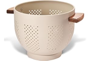 BEFARE Metal Colander with Wood Handle and Stable Base, Powder Coated Steel Kitchen Strainer Basket for Draining Pasta, Vegetable and fruit(7quart,Sandyellow)