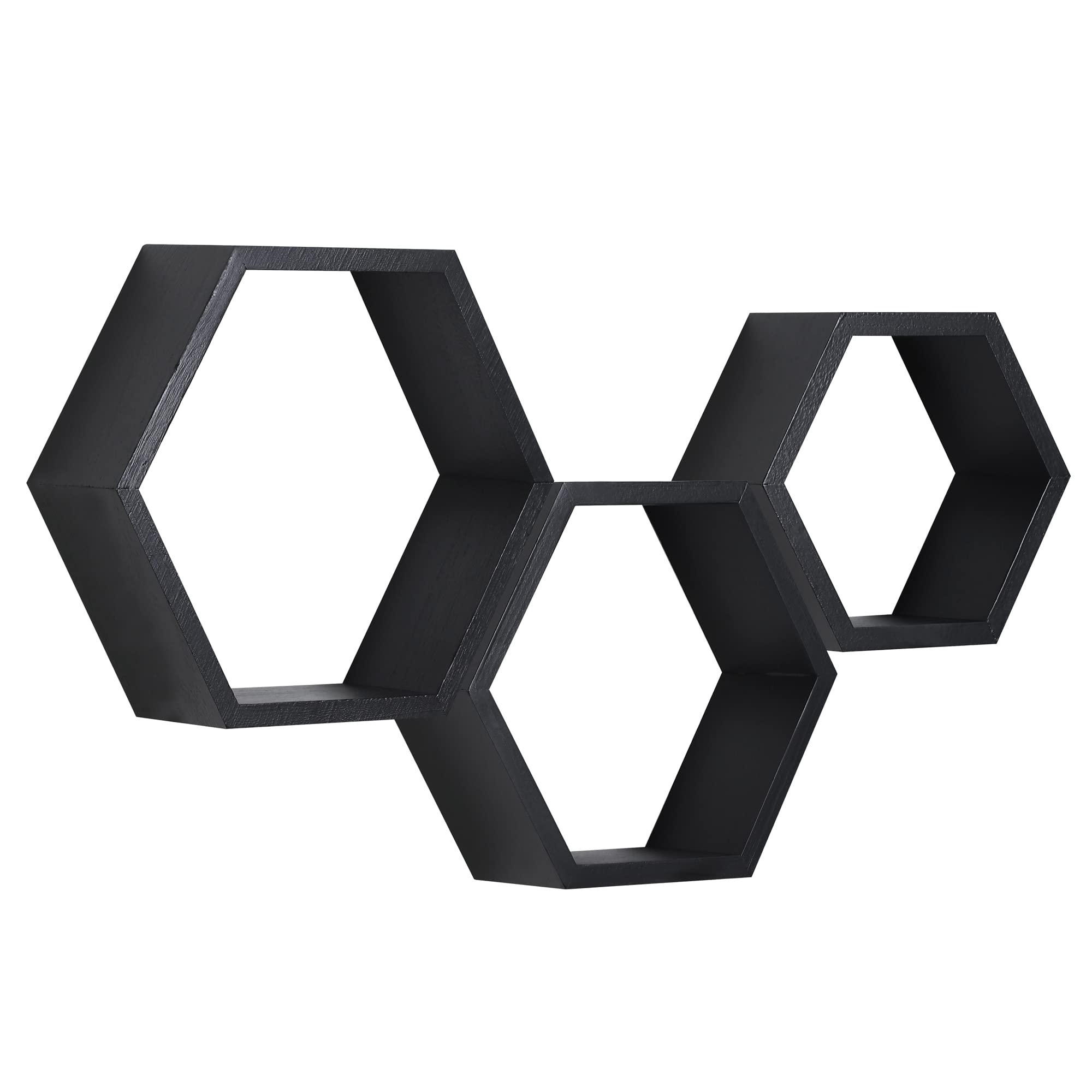 PHOENANCEE Hexagon Floating Shelves, Wooden Wall Mounted Hexagonal Shelf, Solid Wood Decorative Hanging Shelf for Bedoom, Living Room, Office, Home Decor, Set of 3(Rustic Black)