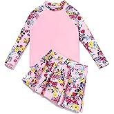 Julysand Girls Rash Guard Set Pink Flowers Modest Swimwear Long Sleeve Two Piece Swimsuit with Dress UV Sun Protection Suit
