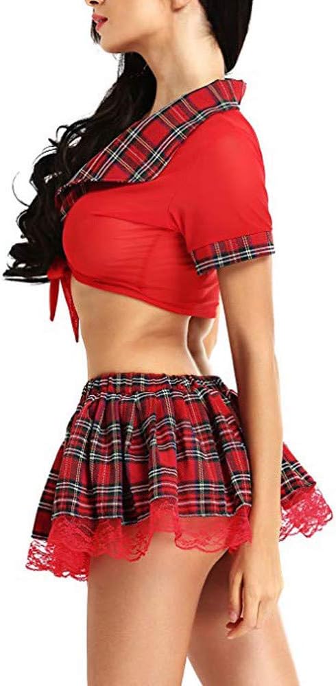 LinlinkWomen Sexy Lingerie Costumes Role Play Schoolgirl's Outfit Teddy Mini Plaid Babydoll Chemise Red