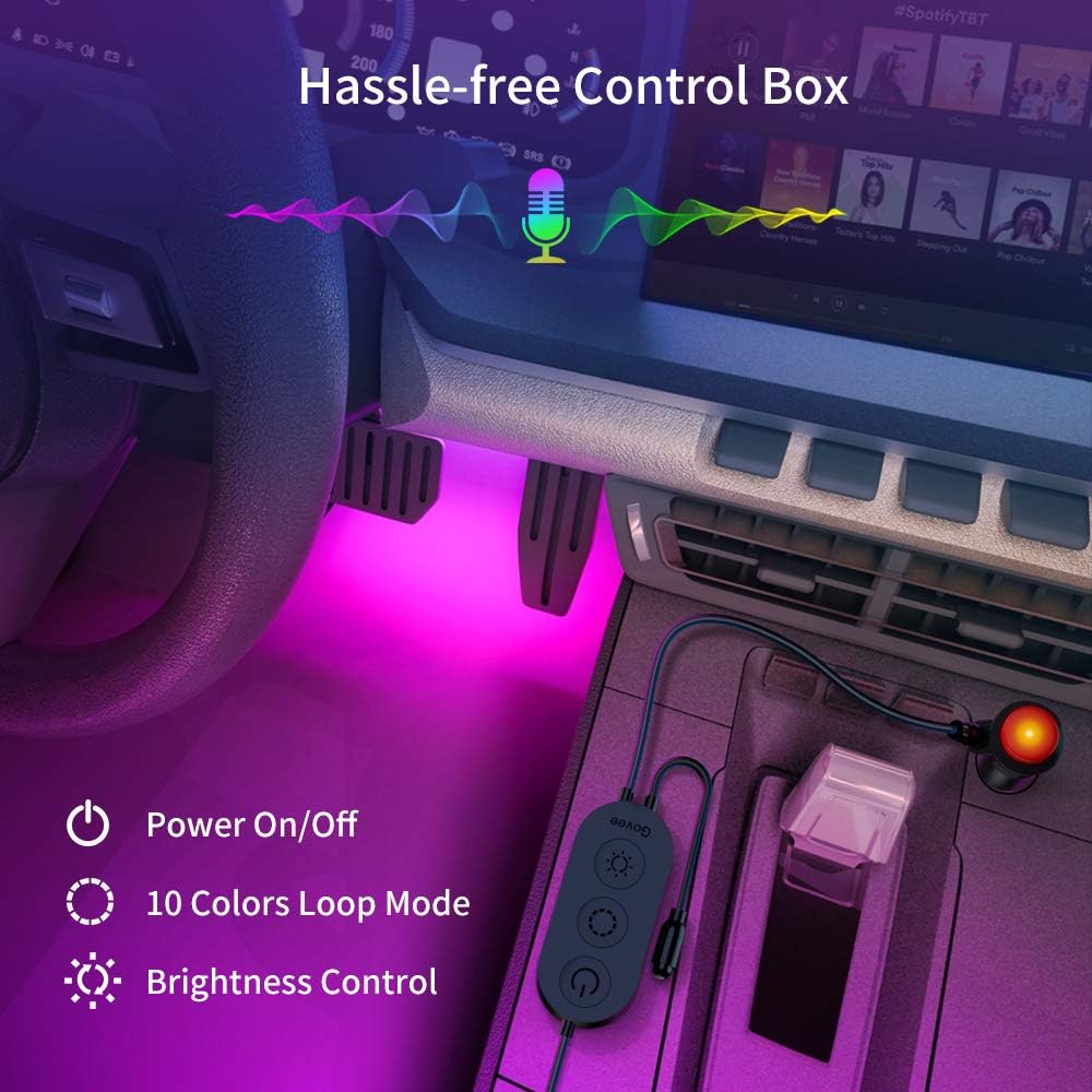 Govee Interior Car Lights, Upgraded 2-in-1 Design 48 LEDs Car LED Strip Lights with Remote and Control Box, Music Sync Under Dash Car Lighting with 32 Colors for Various Car, Car Charger Included, 12V: Automotive