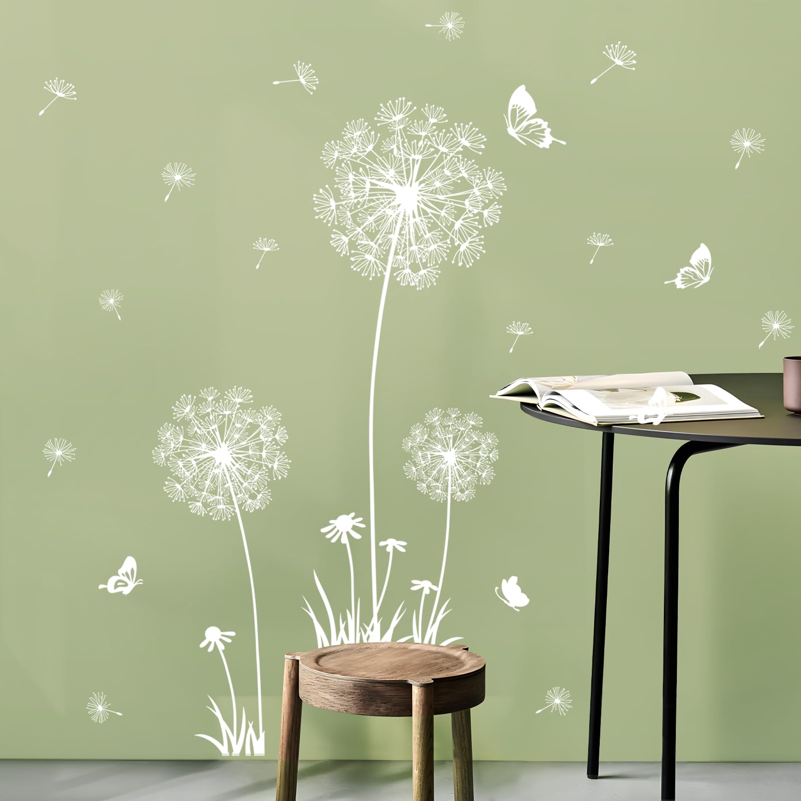 Photo 1 of 2 Sheets Dandelion Wildflower Wall Decals Art, Wall Stickers Peel and Stick Floral Butterflies Flying Decor for Girls Kids Women Baby Nursery Living Room Bedroom Bathroom Hallway Stairwell (White)