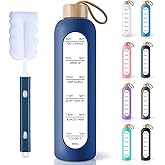 PROBTTL 25 oz Glass Water Bottles - Time Marker Motivational Borosilicate Glass Water Bottle With Silicone Sleeve and Bamboo Lid, Leak Proof, Reusable, BPA Free (Navy Blue)