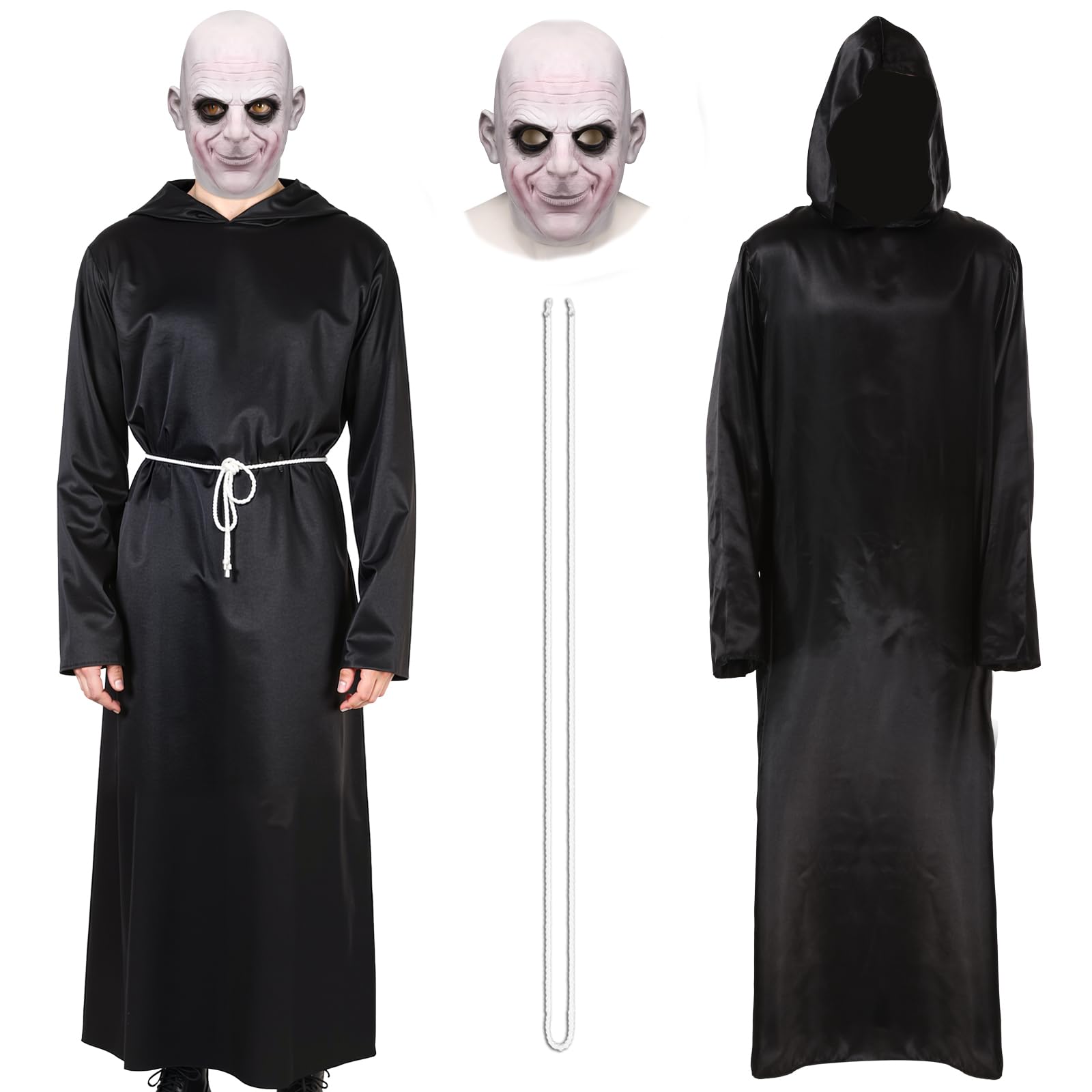 AENEY 2PCS Adult Men Uncle Freak Costume with Gothic Cosplay Mask, Black Robe Uncle Outfit for Halloween Party Dress Up (L-XL)