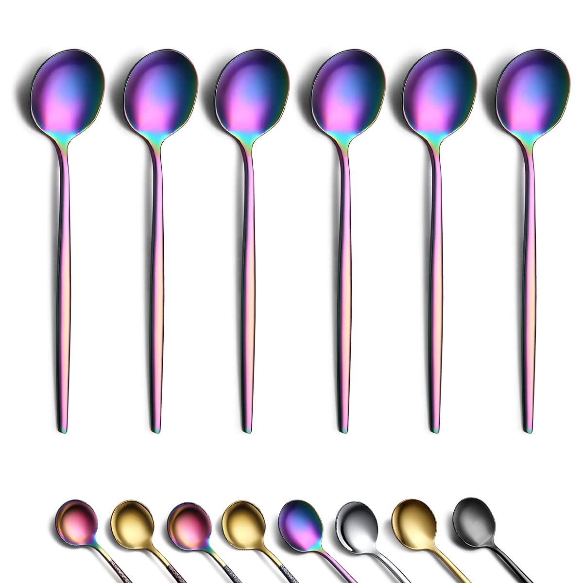 Rainbow Coffee Spoons Set of 6, Kyraton Stainless Steel 13.5cm Colorful Titainium Plating Demitasse Spoons, Tiny Mutil-Color Espresso Spoons, Small Mini Coffee Spoons, Dishwasher Safe