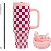 ProTour 100% Leakproof 40 oz Tumbler with Handle & 4-in-1 SipSwig Lid | Built-In Flip Straw & External Stainless Steel Straw | Insulated Stainless Steel Cup | BPA-Free | Pink Checkered